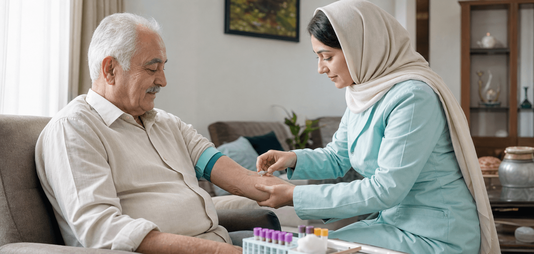 نمونه‌گیری خون از سالمند در منزل توسط کارشناس آزمایشگاه